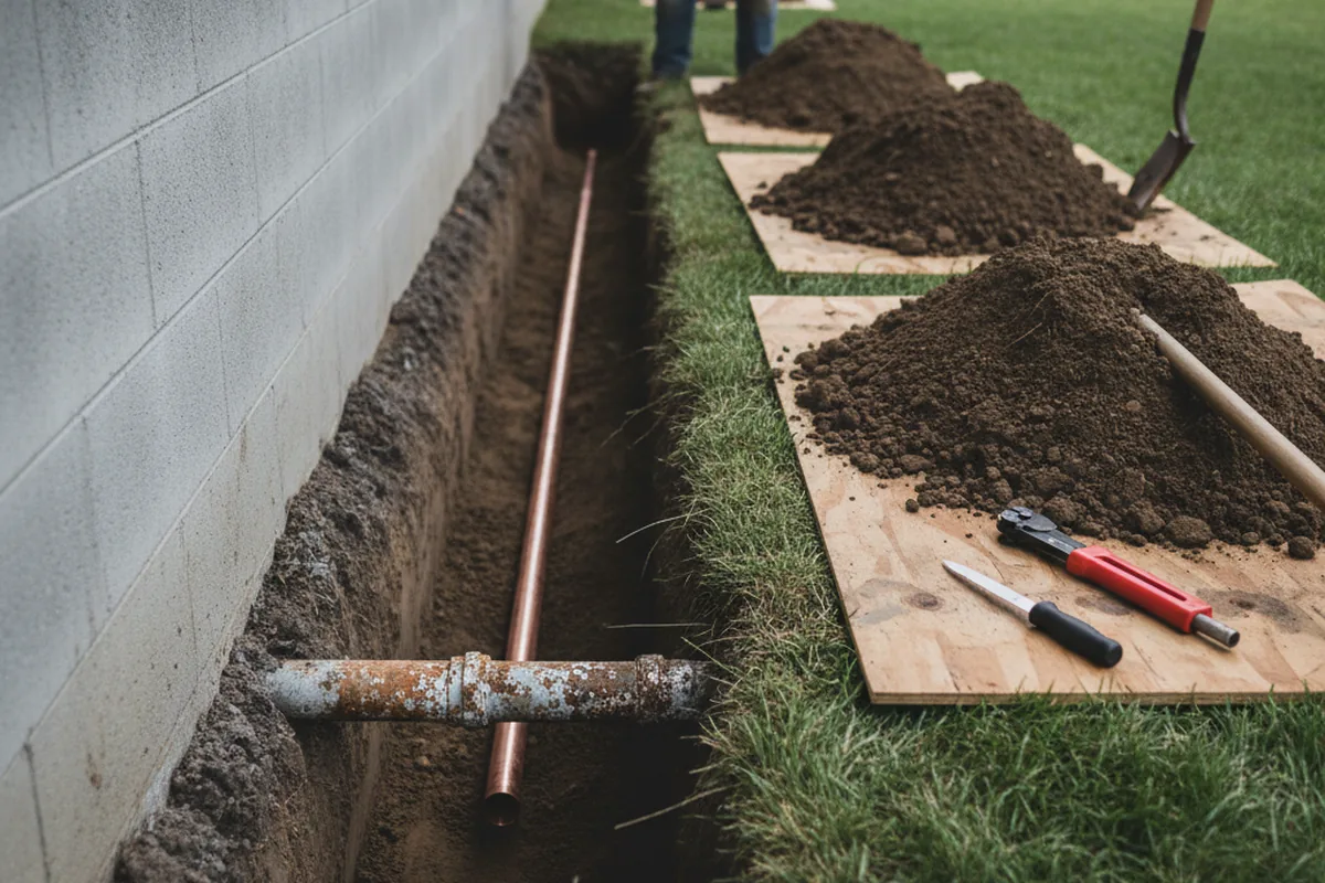 Excavated water line trench during Sewer Line Repair in Caliente